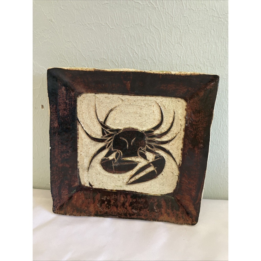 Art Handmade Pottery Ceramic Etched Crab Square Plate Dish Japanese Brown 10x10